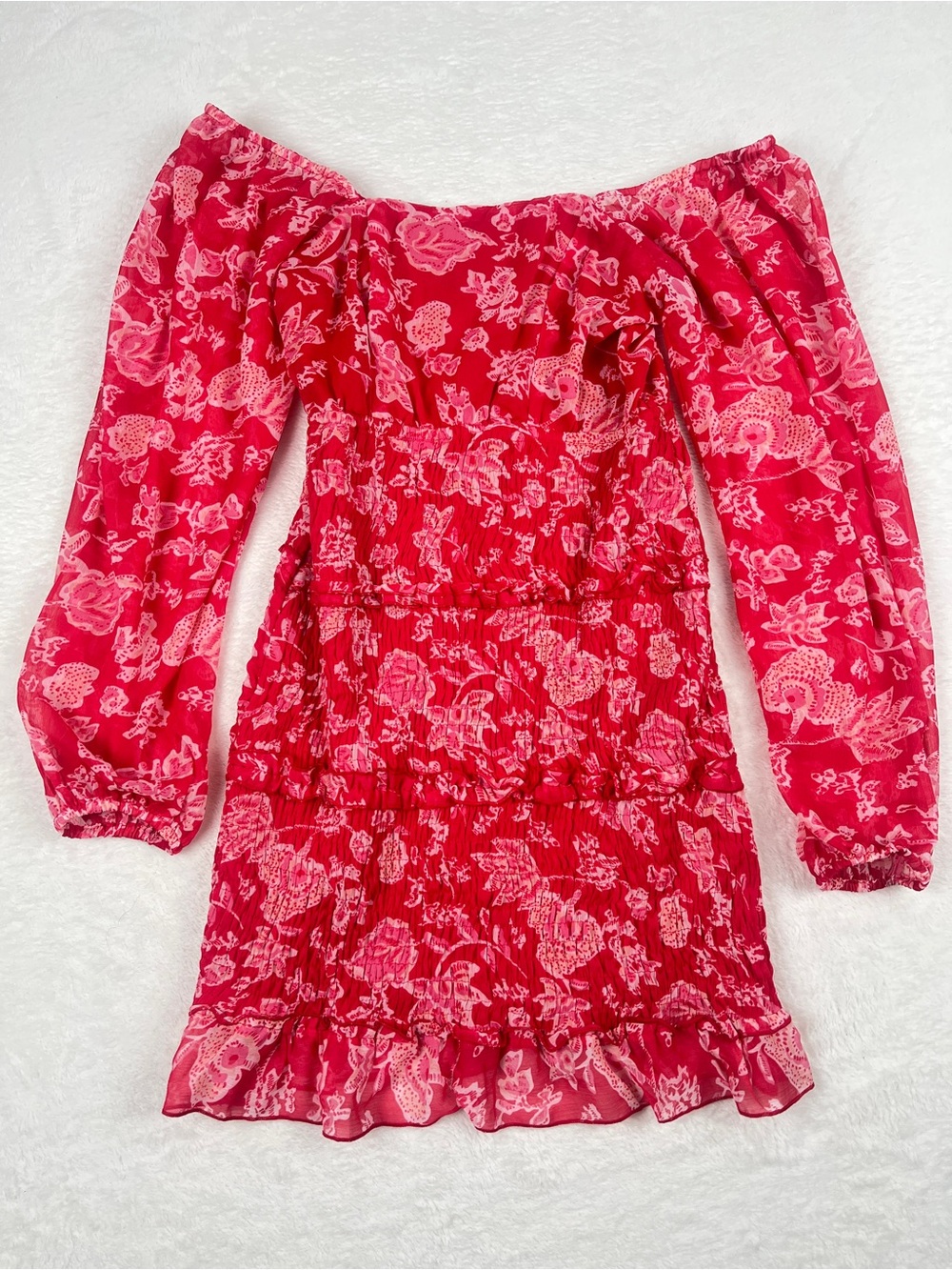Sim & Sam Floral Smocked Mini Dress Coral Red Pink Size M NWOT